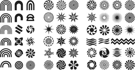 Abstract symbols, geometric shapes, optical illusions, black and white design, spiral patterns, concentric circles, stylized waves, modern minimal art, visual aesthetics, creative icons