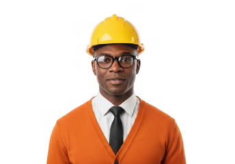A confident african american man wearing a yellow hard hat and glasses with an orange cardigan and tie isolated on transparent background