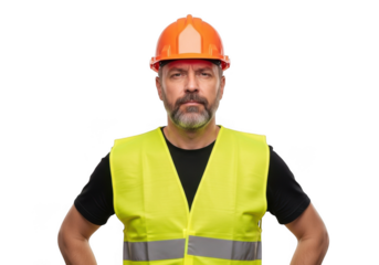 Serious bearded construction worker wearing orange hard hat and bright yellow safety vest isolated on transparent background