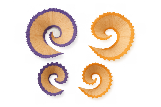 Colorful pencil shavings creating spiral shapes with purple and orange edges, showing creativity and art supplies on transparent background
