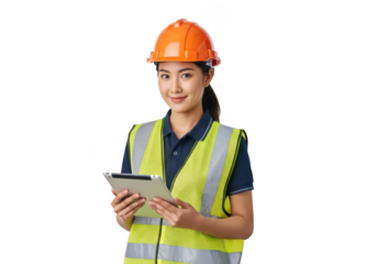 Young asian woman wearing orange hard hat and yellow reflective vest holding tablet computer isolated on transparent background