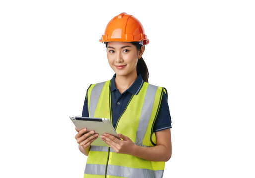 Young asian woman wearing orange hard hat and yellow reflective vest holding tablet computer isolated on transparent background