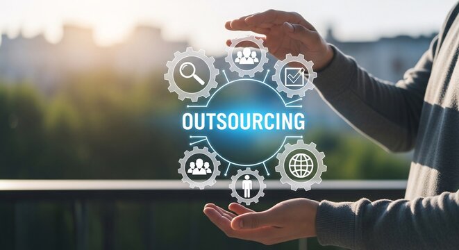 Outsourcing concept with gears and icons in cupped hands, business process efficiency and global talent.