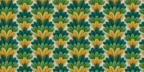 Elegant seamless graphic pattern showcasing stylized fan and feather shapes in a rich palette of deep emerald and radiant golden yellow for sophisticated design