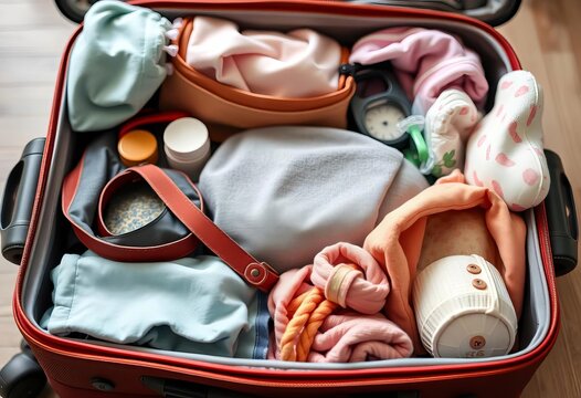 Close-up of a packed suitcase with maternity essentials for hospital stay,  wipes,  packing