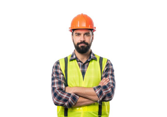 A serious construction worker with a beard wearing an orange hard hat and a bright yellow safety vest with arms crossed isolated on transparent background