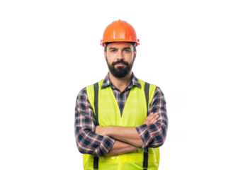 A serious construction worker with a beard wearing an orange hard hat and a bright yellow safety vest with arms crossed isolated on transparent background
