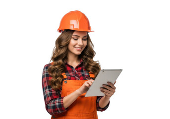 A smiling young woman wearing an orange hard hat and overalls engages with a digital tablet isolated on transparent background