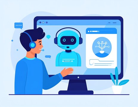 Cartoon person interacts with chatbot on computer screen, featuring a potted plant