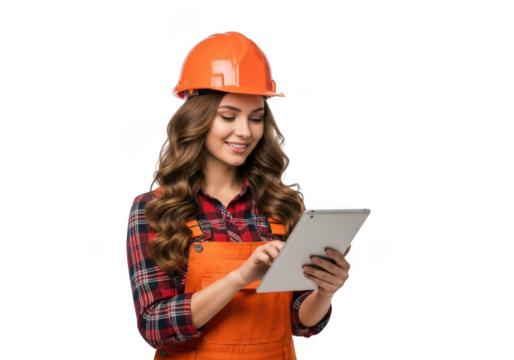 A smiling young woman wearing an orange hard hat and overalls engages with a digital tablet isolated on transparent background