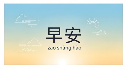 A serene gradient background with minimalist cloud and sun illustrations frames bold Chinese characters and their romanized pronunciation, evoking a sense of tranquility and new beginnings