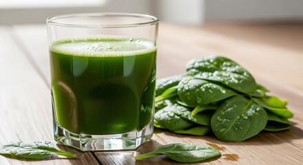 A glass of vibrant green juice sits beside fresh spinach leaves on a wooden surface.
