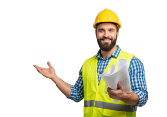 Smiling construction worker wearing yellow hard hat and high visibility vest holding documents isolated on transparent background