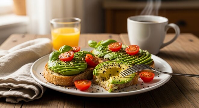 A plate of avocado toast topped with tomatoes and seeds sits beside orange juice and coffee on a wooden table. - Powered by Adobe