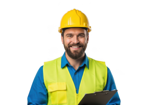 Smiling construction worker wearing a yellow hard hat and hi vis vest holding a clipboard isolated on transparent background
