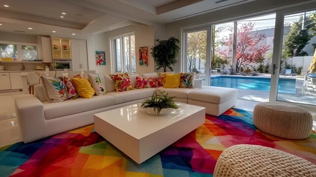 Bright and Colorful Living Room with Pool View and Modern Decor