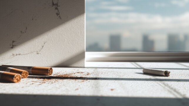 Cigarette Butts and Loose Tobacco Against a City Skyline in the Background