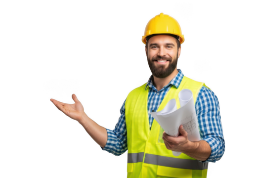 Smiling construction worker wearing yellow hard hat and high visibility vest holding documents isolated on transparent background
