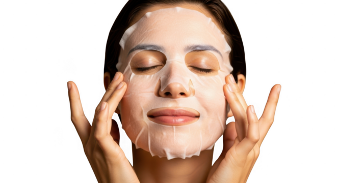 Woman with eyes closed applying white facial sheet mask for skincare isolated on transparent background