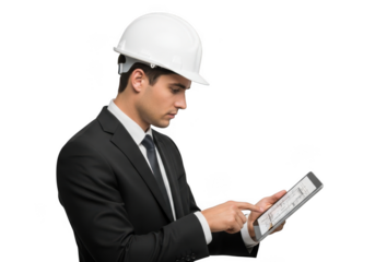 Professional engineer in hard hat and suit examining digital tablet with focused expression isolated on transparent background