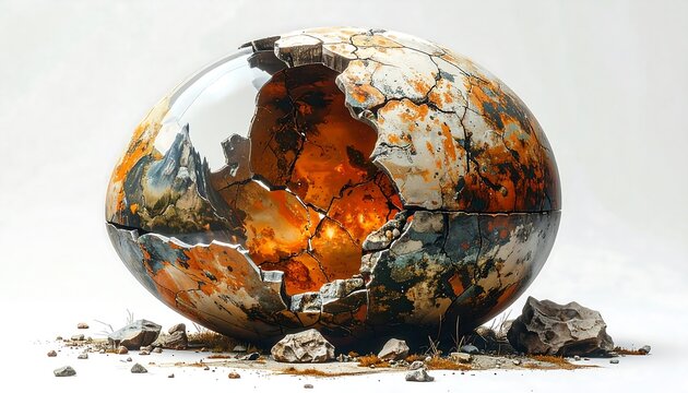Conceptual image of a cracked sphere revealing an interior landscape