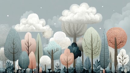 A whimsical, pastel-colored forest with large, fluffy clouds and whimsical trees, set against a muted, grayish background with a few scattered stars.