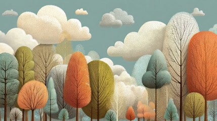 A colorful, whimsical forest scene with trees in various autumn colors, clouds, and a blue sky, set against a green background.