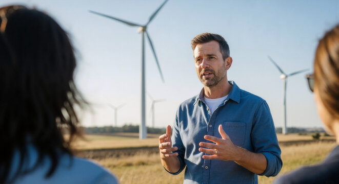 Wind farm scene: professional engineer talking about renewable energy, sustainable tech, turbines in background