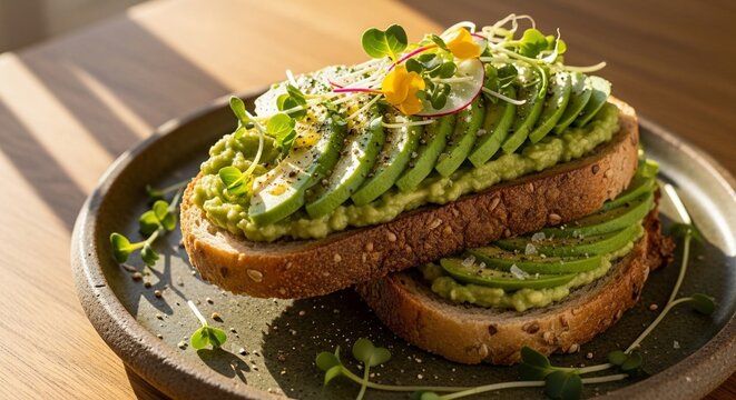 Delicious and healthy avocado toast topped with fresh sprouts and a creamy egg yolk on a rustic plate, bathed in natural sunlight. - Powered by Adobe