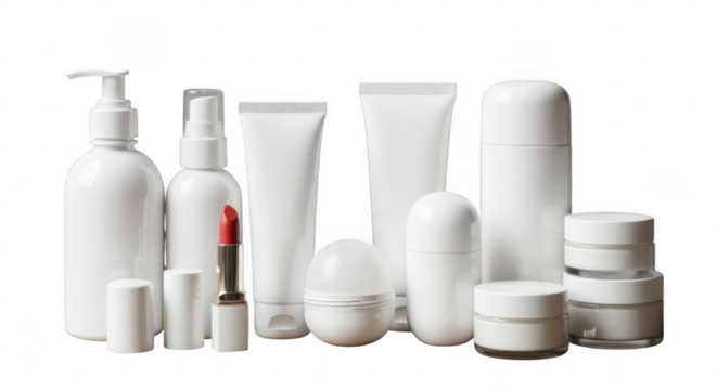 Assorted skincare and cosmetic products in bottles, jars, and tubes isolated on transparent background