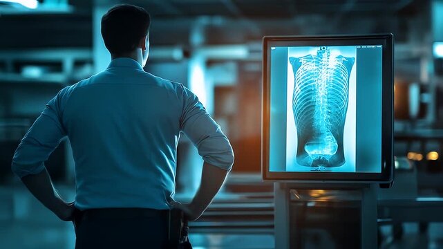 Man in Blue Shirt Examines X-Ray Scan of Human Spine on Digital Screen in Industrial Setting