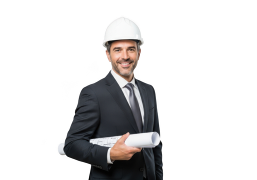 Smiling male construction engineer wearing a white hard hat and suit holding rolled blueprints isolated on transparent background
