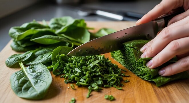 A close-up shot shows a person's hands skillfully chopping fresh green spinach leaves on a wooden cutting board with a sharp knife, preparing ingredients for a meal.