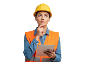 A thoughtful female construction worker in a yellow hard hat and orange safety vest holds a tablet computer isolated on transparent background