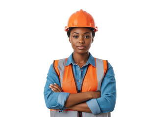 A confident young black woman wearing a hard hat and high visibility vest with arms crossed isolated on transparent background