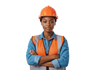 A confident young black woman wearing a hard hat and high visibility vest with arms crossed isolated on transparent background