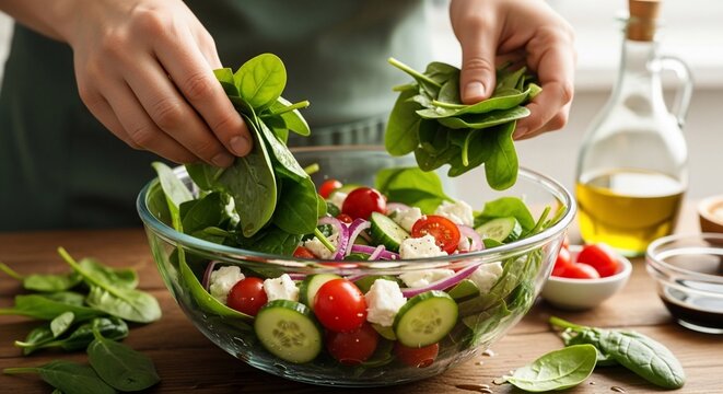 Close-up of a person's hands adding fresh spinach leaves to a vibrant salad with tomatoes, cucumbers, feta cheese, and red onion in a glass bowl. - Powered by Adobe