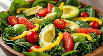 Close-up of a vibrant salad in a wooden bowl featuring spinach, avocado slices, cherry tomatoes, grapefruit segments, yellow bell pepper, and lime.