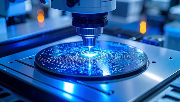 Silicon wafer under a high-precision microscope, showcasing microchip patterns and circuits in a cleanroom semiconductor manufacturing environment.