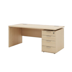 Modern light wood office desk with drawers and a key on black on white background