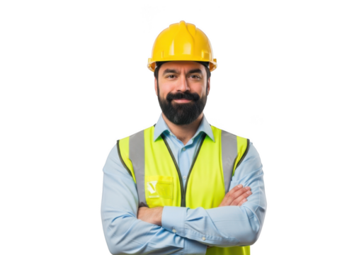 A confident bearded construction worker wearing a yellow hard hat and a high visibility safety vest with arms crossed isolated on transparent background