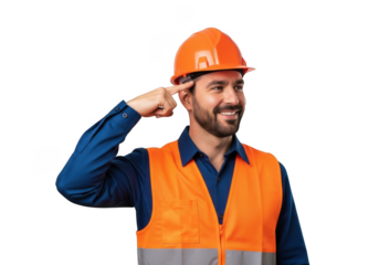 Smiling construction worker wearing an orange hard hat and high visibility vest gesturing with his finger to his temple isolated on transparent background