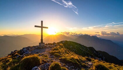 Cross on a Mountain Peak at Sunset Symbolizing Faith and Nature's Beauty