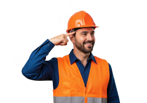 Smiling construction worker wearing an orange hard hat and high visibility vest gesturing with his finger to his temple isolated on transparent background