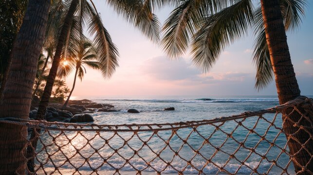 A hammock strung between two palm trees, offering a view of the ocean at sunset, with rocks and a sandy beach in the foreground.