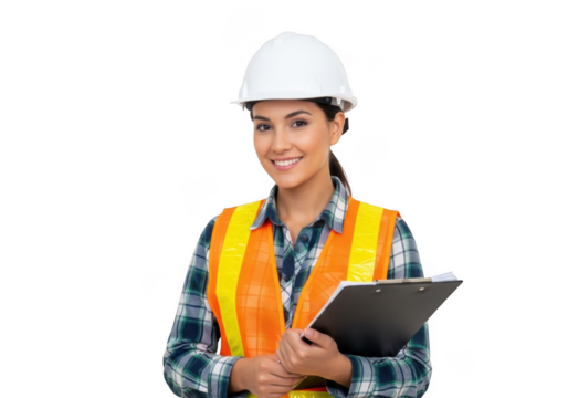 Smiling female construction worker wearing hard hat and safety vest holding clipboard isolated on transparent background