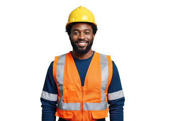 Smiling construction worker wearing a yellow hard hat and orange high visibility safety vest isolated on transparent background