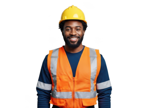 Smiling construction worker wearing a yellow hard hat and orange high visibility safety vest isolated on transparent background