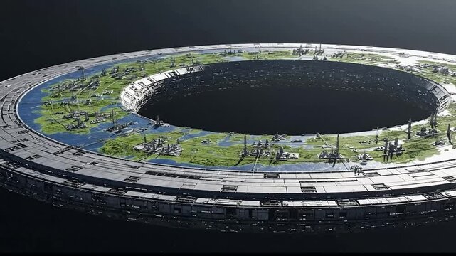 Circular world with artificial land, waters, cities and vegetation, orbiting in space, A fictional megastructure of a world, orbiting through the darkness of space