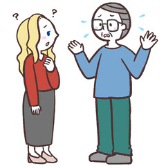 白人女性とうまく話せないシニア男性のイラスト